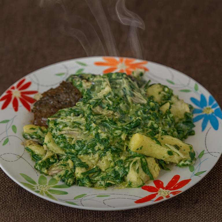 Cocoyam porridge cooked with snail, served with liver.